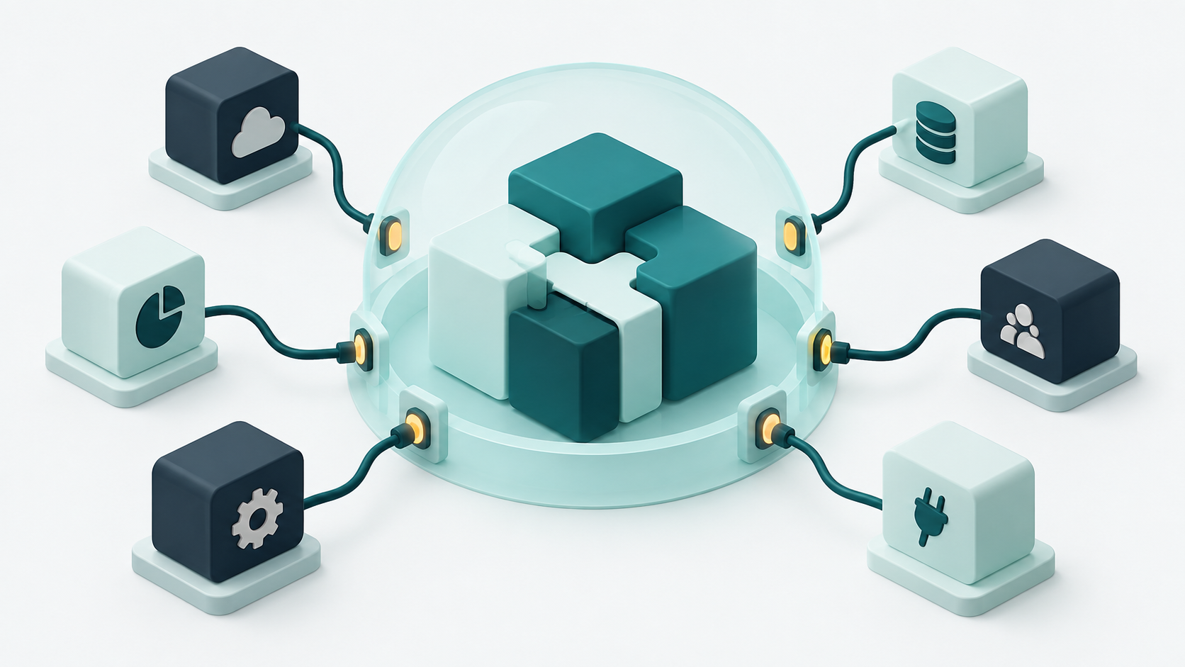 A modular software core connected to separate adapters across clear boundaries.
