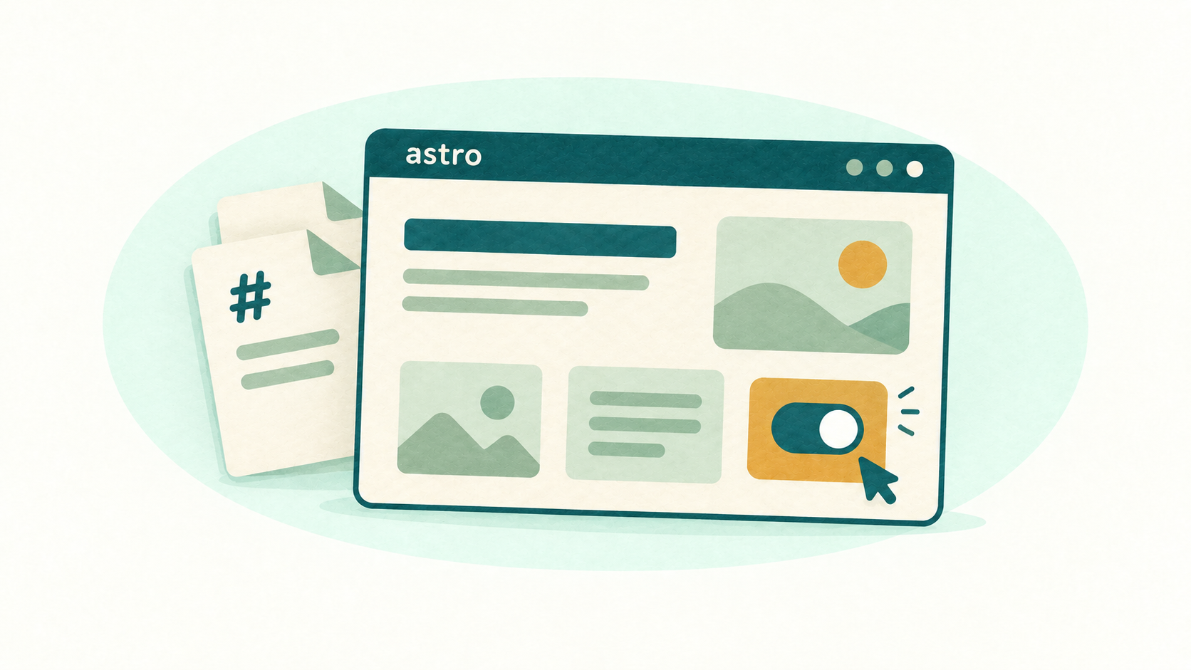 A browser window titled astro showing a page layout with text, images and an interactive toggle being clicked, beside two Markdown files.