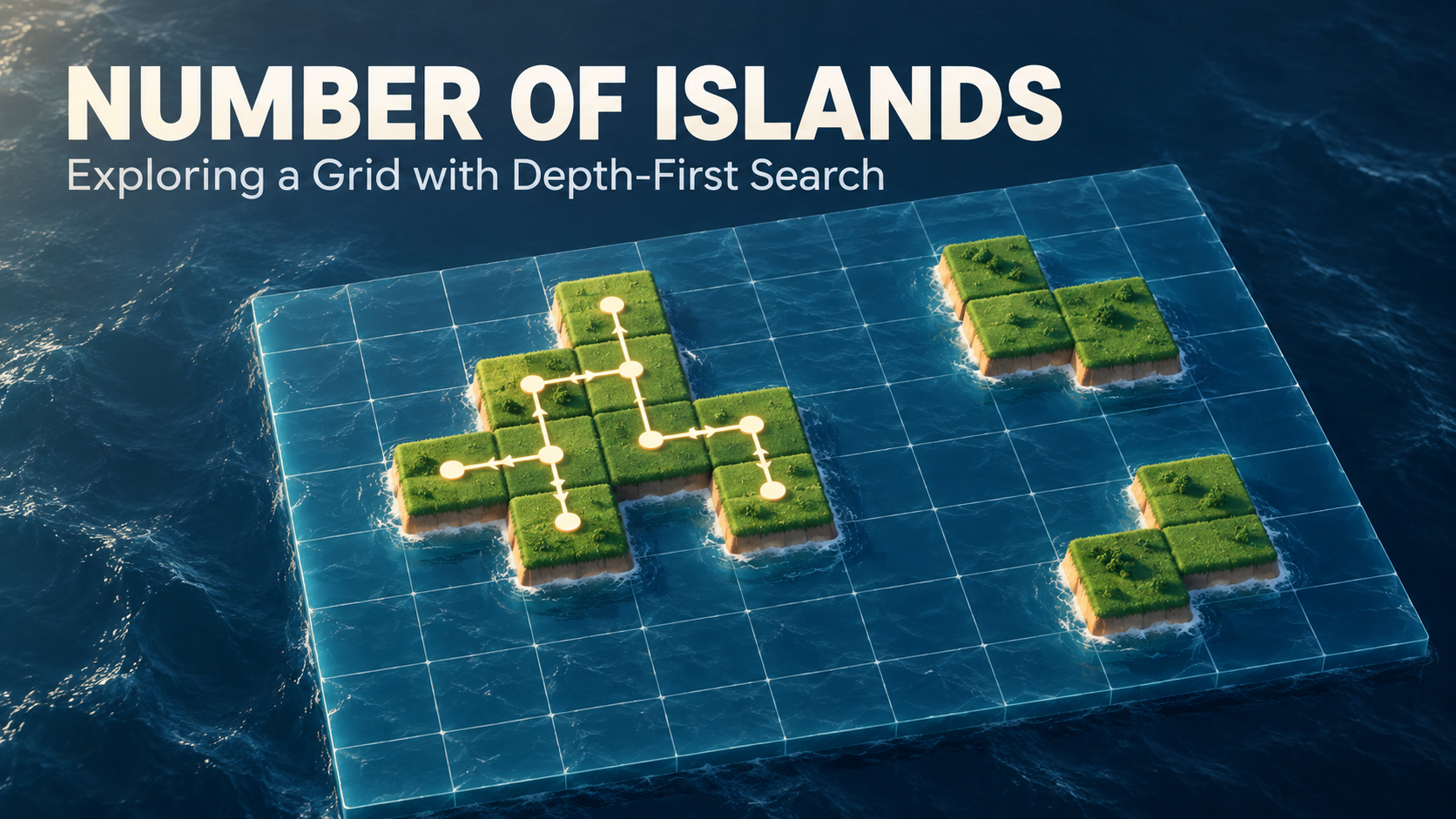 A grid floating on the sea with three islands of green land tiles, one traced by a depth-first search path joining its cells