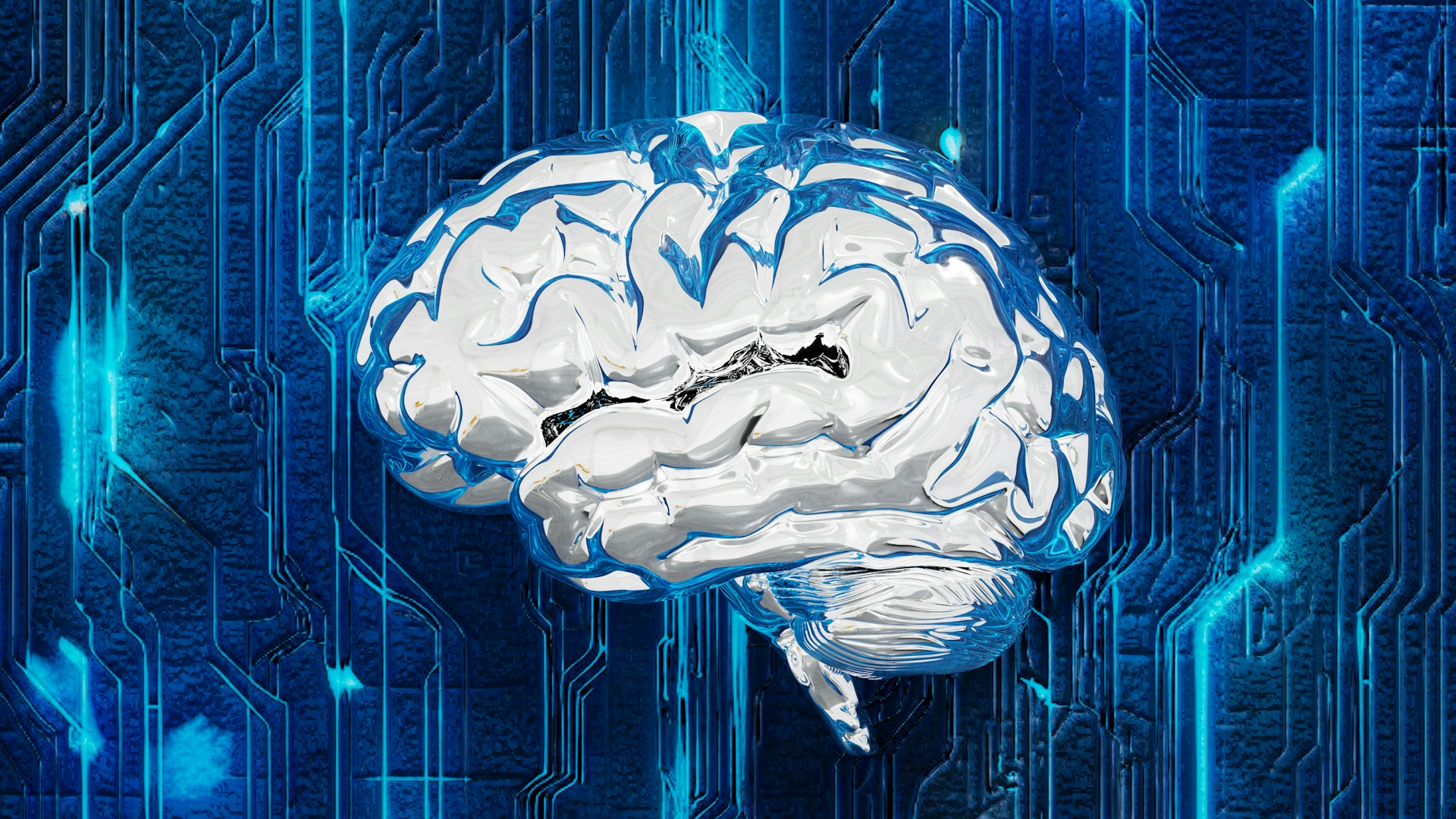 A glossy silver-and-blue human brain floating in front of a glowing blue circuit board.