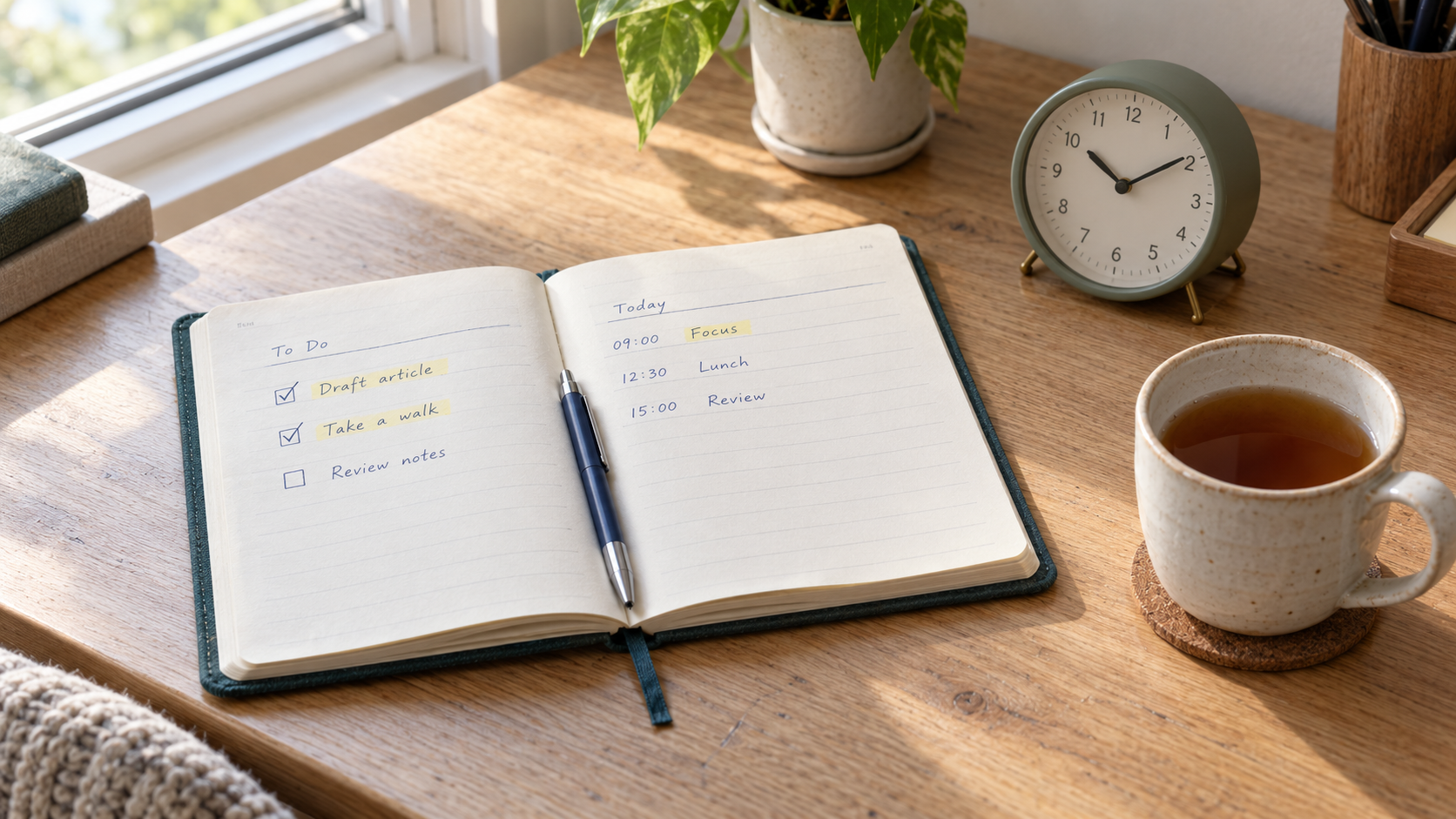 An open notebook on a sunlit desk with a to-do list of ticked tasks and a time-blocked plan for today, beside a pen, a desk clock, a cup of tea and a plant.